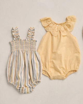 Rylee & Cru Myla Romper in lemon print, lightweight baby romper with short sleeves and playful lemon pattern.