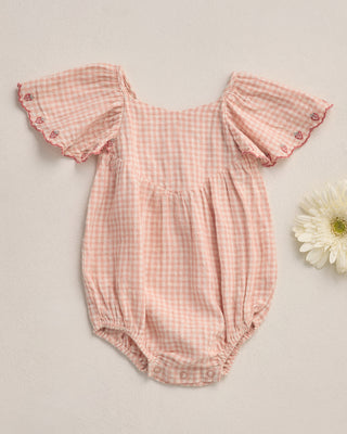 Rylee & Cru Roxy Romper in Petal Gingham, featuring a lightweight, sleeveless design with a soft fabric and cute bow detail.