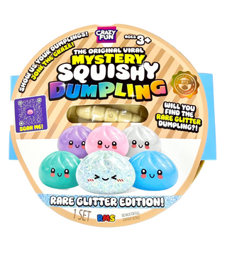 RMS Toys Crazy Fun The Original Viral Mystery Squishy Dumpling Rare Glitter Edition, age 3+, in its original circular cardboard packaging with a clear window showing the yellowish dumpling inside.