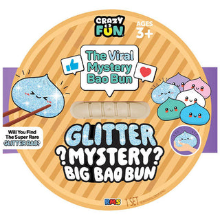 RMS® Glitter Mystery Big Bao Bun 7" Dumpling Squishy Fidget Toy
Round packaging for 'The Viral Mystery Bao Bun' with cartoon buns and text.