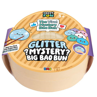 RMS® Glitter Mystery Big Bao Bun 7" Dumpling Squishy Fidget Toy
A 1-set mystery toy product called 'The Viral Mystery Bao Bun' by Crazy Fun. The product consists of three stacked beige plastic rolls sealed inside a clear plastic container with a colorful printed lid.