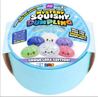 RMS® Mystery Bao Bun 4" Dumpling Squishy Fidget Toy  - Snowflake Edition A light blue plastic tub of RMS Toys 'The Original Viral Mystery Squishy Dumpling' in the Snowflake Edition, featuring a colorful circular lid with cartoon dumpling graphics and text.