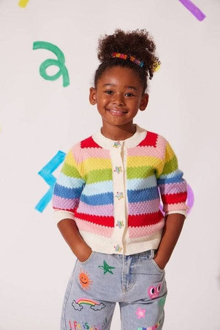 Lola and The Boys Rainbow Bright Knit Cardigan Child wearing a colorful striped sweater with a white background
