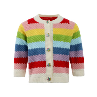 Lola and The Boys Rainbow Bright Knit Cardigan Colorful striped sweater with rainbow buttons on a white background