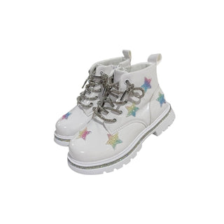 Lola and The Boys Rainbow Shimmer Stars Boots
A pair of white ankle boots decorated with iridescent star stickers and silver rhinestone laces, shown against a plain white background.
