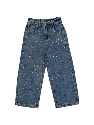 Lola and The Boys Rainbow Sparkle Jeans
Blue jeans with multicolored speckles on a white background