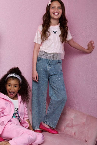 Lola and The Boys Rainbow Sparkle Jeans
Two children in casual outfits against a pink background