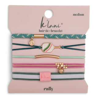 K'lani "Rally" Pickleball with Pink & Green Hair Tie Bracelets
Set of hair ties and bracelets with decorative elements on a pink card, featuring the brand 'ik'lani'.