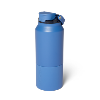 Brumate Rise 35oz - Cascade
A blue insulated water bottle with a matching blue flip-top lid and black collar, shown on a clean white background.