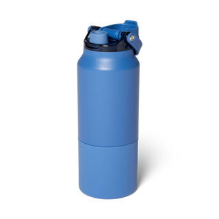 Brumate Rise 35oz - Cascade
A blue insulated water bottle with a matching blue flip-top lid and black collar, shown on a clean white background.