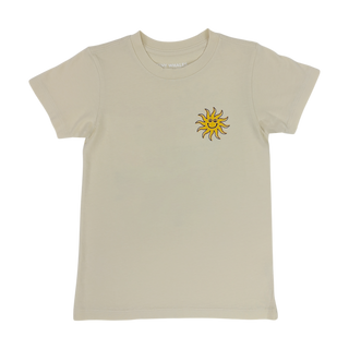 Tiny Whales Road Trippin Tee in parchment color, front view showing casual crew neck design and printed graphic.
