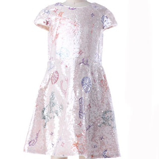Rockwilde Adeline Cowgirl Dress
A short-sleeve A-line dress covered in shimmering sequins, featuring scattered whimsical embroidered motifs in pastel pink, blue, purple, and green, displayed on a mannequin against a white background.