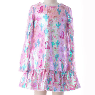 Rockwilde Stevie Sequin Dress
A pink sequined long-sleeve dress with a ruffled hem, featuring a colorful cactus and desert-themed sequin pattern, displayed on a mannequin against a white background.