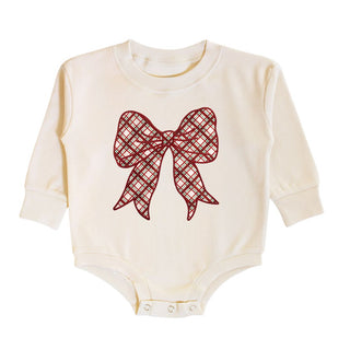 Sweet Wink Christmas Plaid Bow Patch Long Sleeve Romper - Natural
Baby onesie with a red plaid bow design on a white background