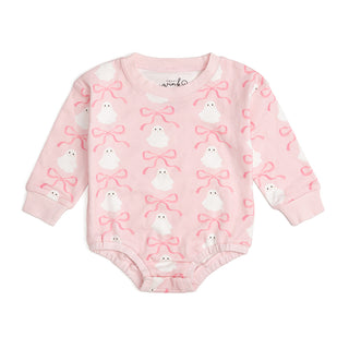 Sweet Wink Coquette Ghost Halloween Long Sleeve Romper - Pink 
Pink baby bodysuit with ghost and bow pattern on a white background