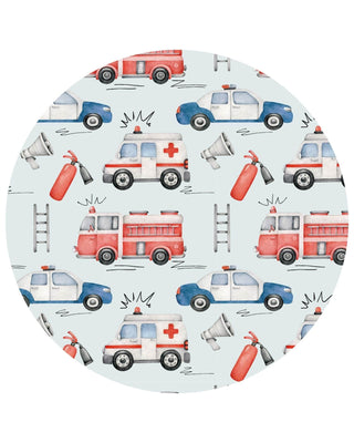 Lev Baby Ryan Emergency Vehicles 
Round plate with emergency vehicle design on a light blue background
