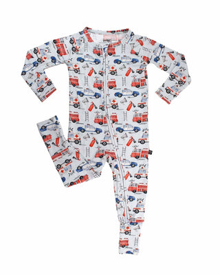 Lev Baby Poppy Convertible Zipper Romper - Ryan
Children's onesie with fire truck pattern on a white background