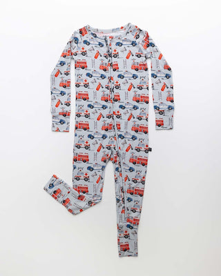 Lev Baby Poppy Convertible Zipper Romper - Ryan
Children's onesie with fire truck pattern on a white background