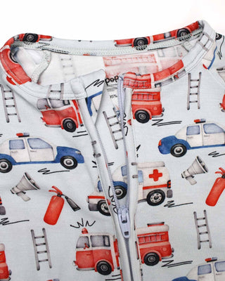 Lev Baby Poppy Convertible Zipper Romper - Ryan
Children's hoodie with fire truck, ambulance, and police car pattern on a white background