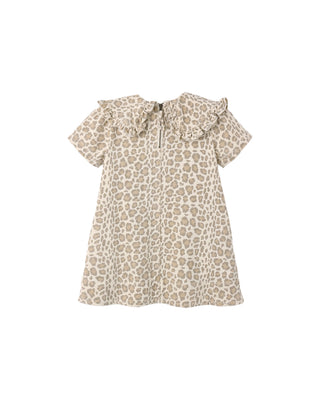 Rylee & Cru Collared Denim Mini Dress - Leopard
A short-sleeve babydoll top with a beige and brown leopard print pattern, featuring a large ruffled collar and tie detail at the neckline, shown against a plain white background.