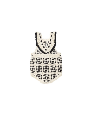 Rylee & Cru crochet romper in abstract design, natural color, featuring a soft, textured fabric and sleeveless style for babies.