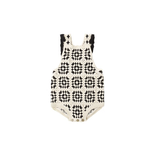 Rylee & Cru abstract crochet romper for babies, featuring a soft knit pattern and neutral tones, perfect for warm weather.