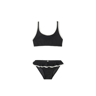 Black Rylee & Cru Daisy bikini swimsuit with floral pattern, featuring adjustable straps and a comfortable fit.