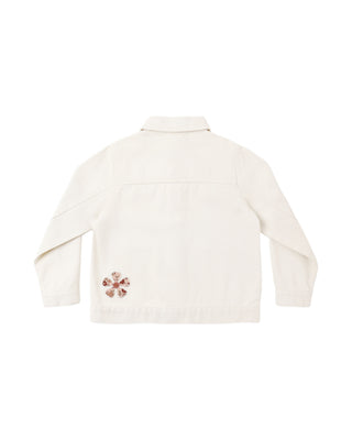 Rylee & Cru Denim Chore Coat - Daisy Patches
An off-white long-sleeve denim jacket shown from the back, featuring a small embroidered floral design in brown and red near the lower left back.