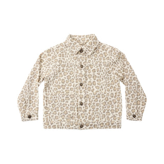 Rylee & Cru Denim Chore Coat - Leopard
A long-sleeve button-up shirt jacket featuring a beige and brown leopard print pattern, displayed flat against a solid white background.