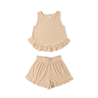 Rylee & Cru Faye Set -  Pink Stripe
Beige striped tank top and shorts set on a white background