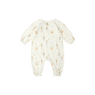 Rylee & Cru Henley Jumpsuit - Nutcracker
Baby onesie with a subtle pattern on a white background