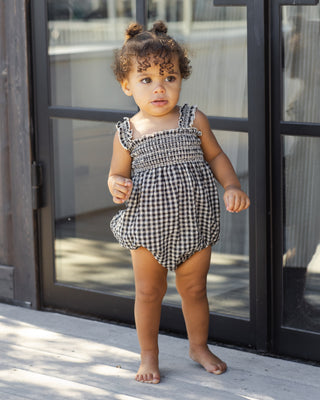 Rylee & Cru Julia Romper in black check pattern, toddler girl’s casual romper with long sleeves and comfortable fit.