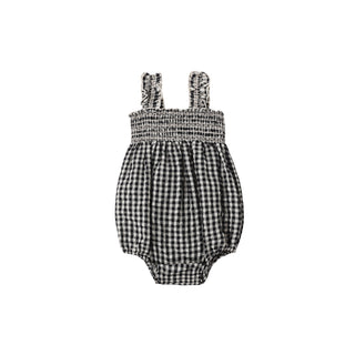 Rylee & Cru Julia Romper in black check fabric, featuring a comfortable fit and stylish design for little girls.
