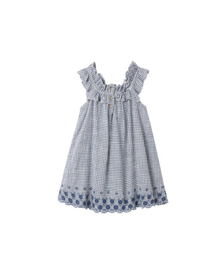 Rylee & Cru Lennon Dress - Marine Gingham
Blue and white checkered dress with ruffled straps on a white background