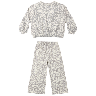 Rylee & Cru Oversized Sweatshirt & Wide Leg Sweatpant Set - Blue Leopard
A two-piece children's loungewear set featuring a long-sleeve cropped sweatshirt and matching wide-leg pants, both in a light gray and white leopard print pattern, shown against a plain white background.