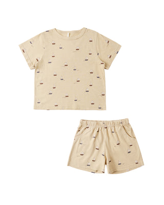 Rylee & Cru Play Set - Sailboats
Beige t-shirt and shorts set with small patterns on a white background