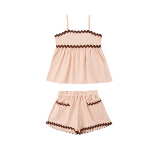Rylee & Cru Ric Rac Set - Blush
Pink pajama set with brown trim on a white background