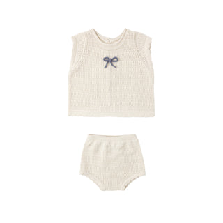 Rylee & Cru Scallop Knit Baby Set - Natural
Baby outfit set with sleeveless top and shorts on a white background