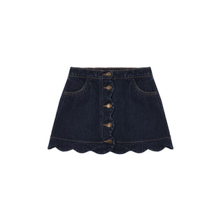 Rylee & Cru Scallop Mini Skirt - Dark Indigo
A dark blue denim mini skirt with a scalloped hem and a front button closure, shown flat on a white background.
