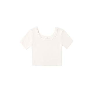 Rylee & Cru Scallop Tee - Natural
A short-sleeve ribbed knit crop top in off-white, displayed flat against a solid white background.