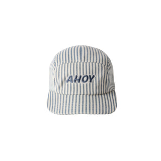 Rylee & Cru Skater Hat - Railroad Stripe
Striped cap with 'AHoy' text on a white background