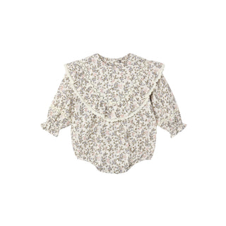 Rylee & Cru Winnie Romper - Winter Garden
A baby long-sleeve romper with a large ruffled collar, featuring a dense small floral print in muted green, brown, and pink on an off-white base, shown against a plain light gray background.