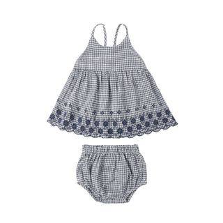 Rylee & Cru Zenni Set - Marine Gingham
Children's gingham dress and bloomers set on a white background
