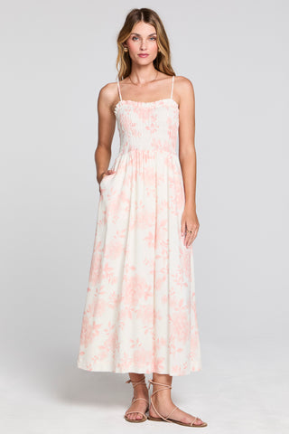 Saltwater Luxe Laken Midi Dress in Camella, stylish sleeveless dress with a flowy silhouette and floral pattern, front view.
