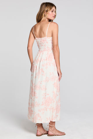 Saltwater Luxe Laken Midi Dress in Camella, stylish sleeveless dress with flowing fabric and floral pattern, perfect for summer wear.