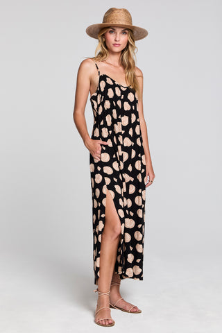 Black Saltwater Luxe Avalan Midi Dress shown on a mannequin, featuring a sleek, elegant design with a fitted bodice and flowing skirt.