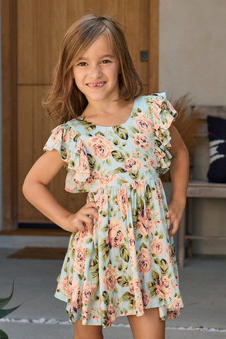 Saltwater Luxe Saltwater Littles Brammie girls mini dress in Capri Blue, featuring a sleeveless design and playful style.