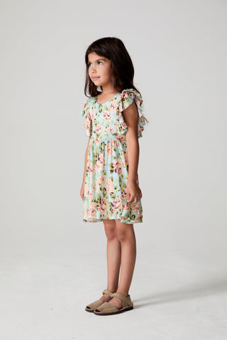 Saltwater Luxe Saltwater Littles Brammie girls mini dress in Capri Blue, featuring a stylish casual dress with short sleeves and a playful design.
