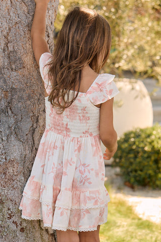 Saltwater Luxe Saltwater Littles Sophia Girls Mini Dress in Camella, lightweight fabric and stylish design for young girls.