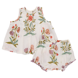 Pink Chicken Baby Girls Jaipur 2pc  Set - Rosewick Poppy
Floral dress and bloomers set on a white background